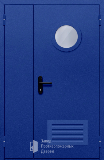 Фото двери «Полуторная с круглым стеклом и решеткой (синяя)» в Одинцово