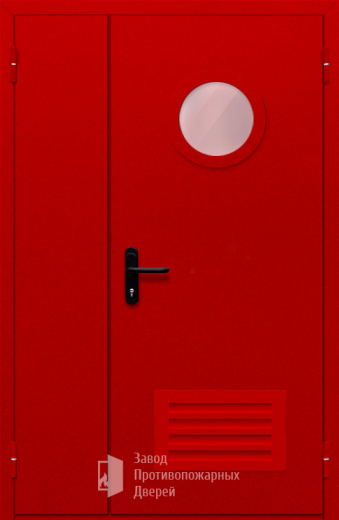 Фото двери «Полуторная с круглым стеклом и решеткой (красная)» в Одинцово